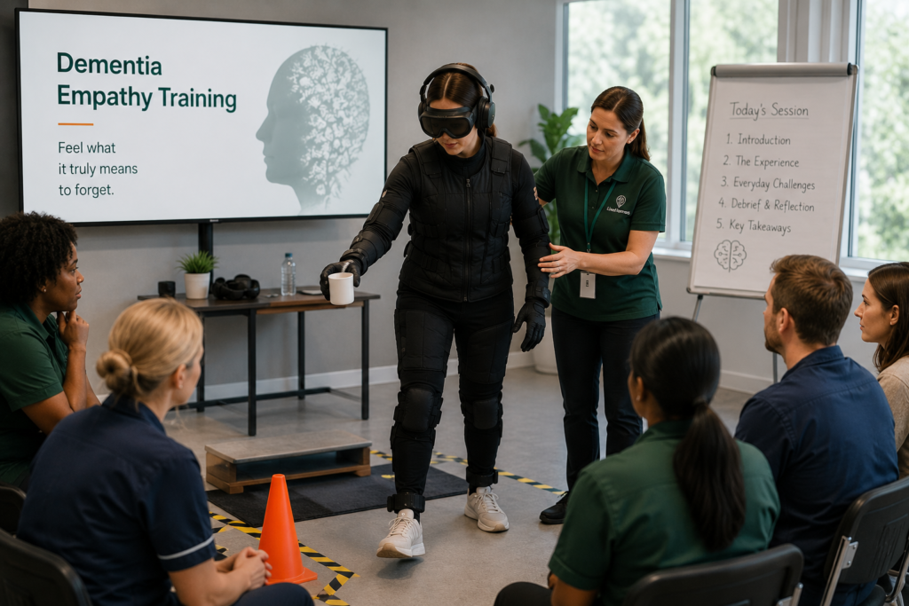 A participant in a full dementia suit steps forward during empathy training.